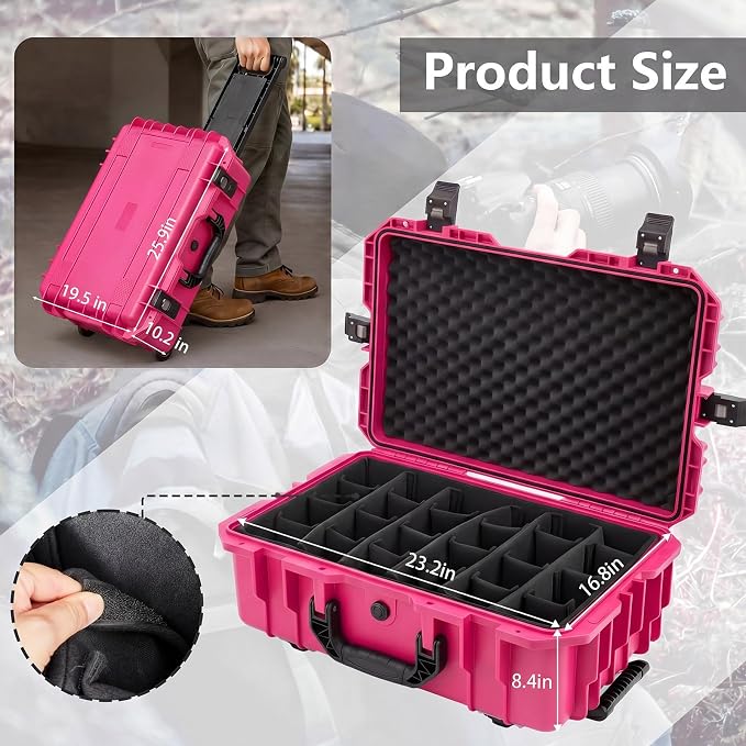 Relaxweex Rolling Camera Hard Case with Padded Dividers & Wheels, Impact-resistant Hard Shell Travel Case for Cameras, Lenses & Accessories(26 x 20 x 10 Inch,Rose Red) - Image 2