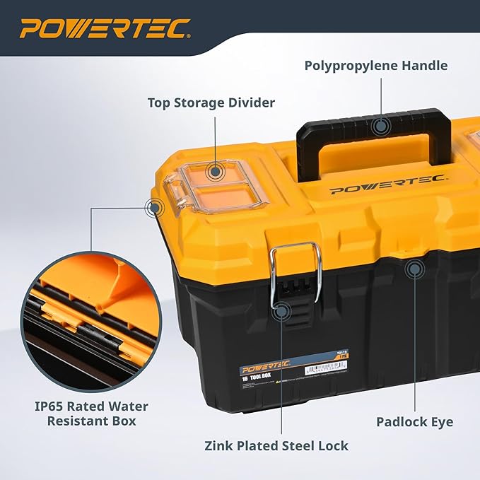 POWERTEC 16-Inch Tool Box with Trays - Lockable, Metal Latch, Organizer, Portable Storage for Tools, Small or Mid-Sized Parts (72119) - Image 3
