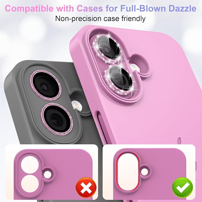 YWXTW [All-Over Glitter Camera Lens Protector for iPhone 17/iPhone 16/iPhone 16 Plus, 9H Tempered Glass Camera Lens Cover, Anti-Scratch Case Friendly(Pink) - Image 5