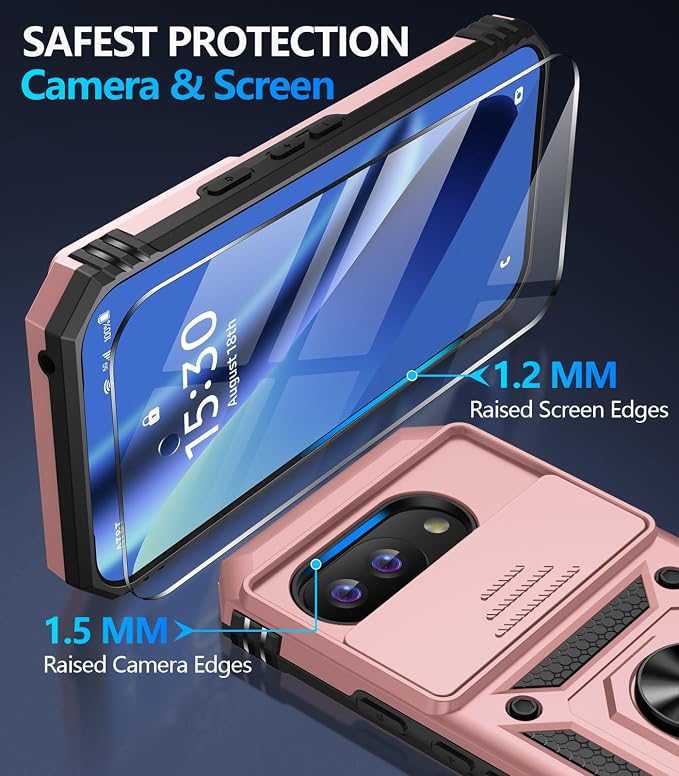 Taisairu for Google Pixel 10A Case with Screen Protector & Slide Camera Lens Cover,Built-in 360°Rotate Magnetic Ring Stand Shockproof Protective Phone Case for Google Pixel 10A Case (Rose Gold) - Image 7