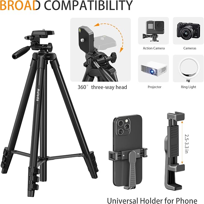 60″ Camera Tripod Lightweight Travel Stand for Canon Nikon Phone | with Wireless Remote Phone Holder and Bag Max Load 6.6 LB Black - Image 3