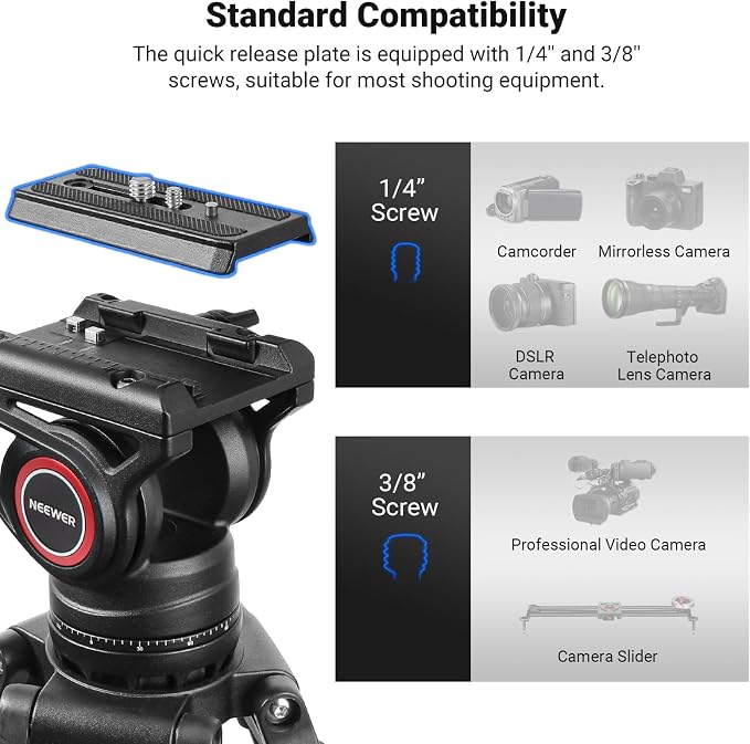 NEEWER 74" Video Tripod with Fluid Head, QR Plate , Aluminum Heavy Duty Camera Tripod Professional for DSLR Cameras Camcorders, Max Load 17.6lb/8kg, TP74 - Image 5