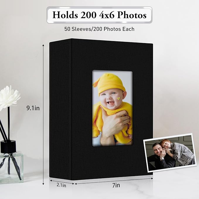 Photo Album 4x6,Linen Cover Slide-in Photo Album Book Can Holds 200 4x6 Photos with 50 Black Sheets for Baby Family Pictures Artwork or Postcards Storage (Black) - Image 3