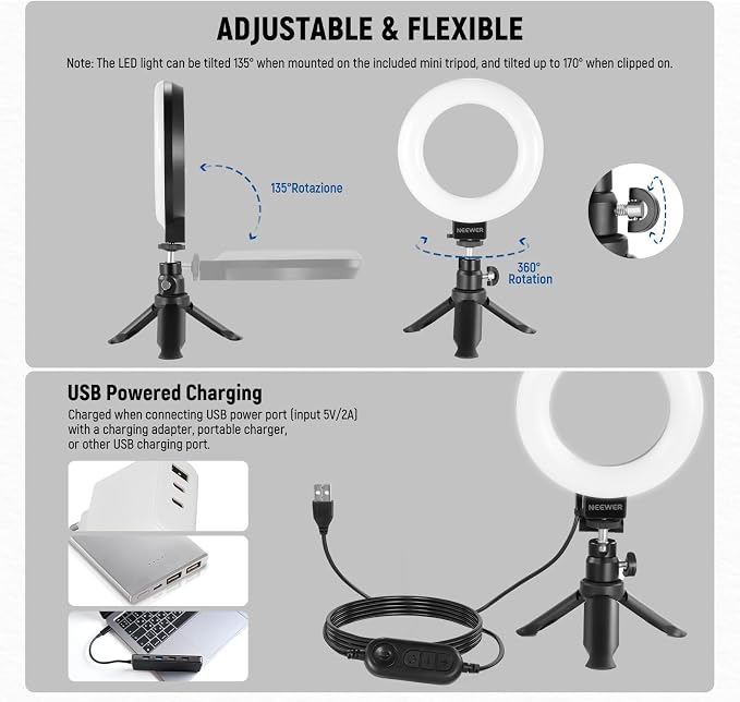 NEEWER BASICS 5" Ring Light for Video Conference Lighting, 2 Pack Clip on Light Kit with Desk Tripod Stands for Monitor Laptop Computer Zoom Call Live Streaming Recording Remote Working Learning, BR60 - Image 6