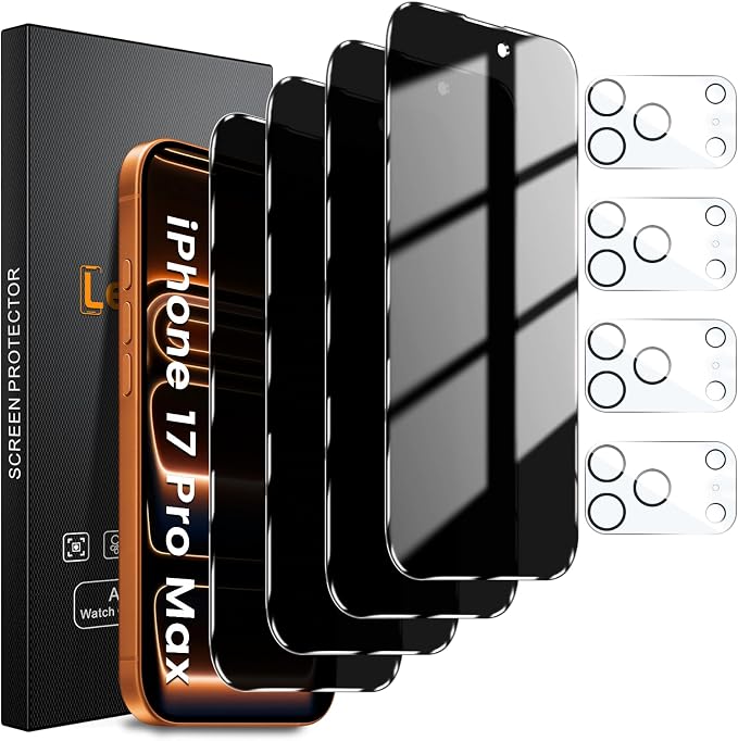 Lesakit 4 Pack Privacy Screen Protector for iPhone 17 Pro Max 6.9-Inch with 4 Pack Camera Lens Protector, Anti Spy Tempered Glass Film 9H Hardness Bubble Free Case Friendly by Lesakit
