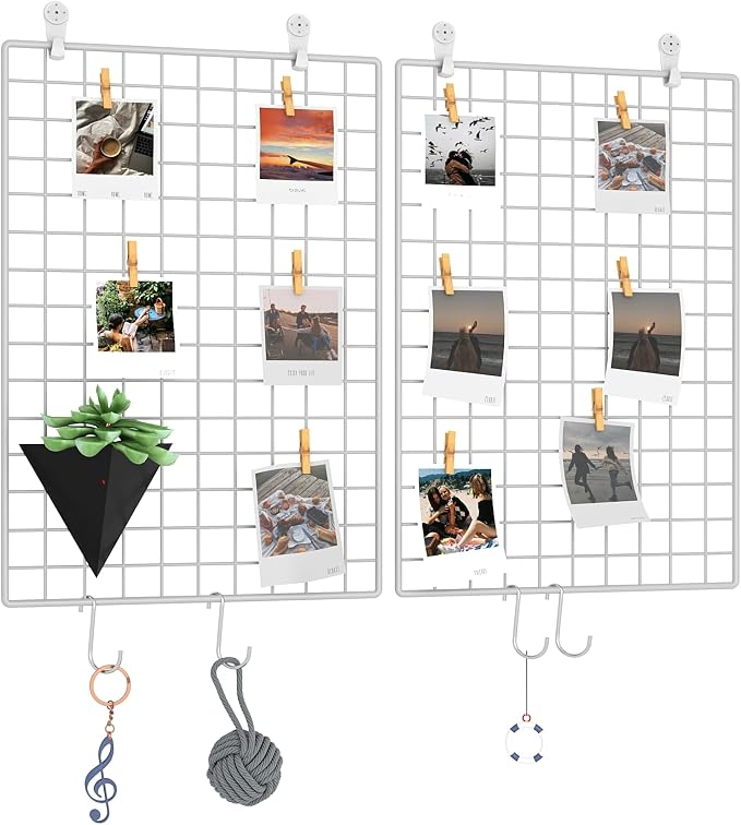 C&AHOME Photo Wall Display Set of 2, Wall Grid Panel, 17.7" x 25.6", White | Photo Display Shelves, Wall Storagae Organizer, Grid Panel, Hooks, Clips, Hemp Cord, Hammer by CAHOME