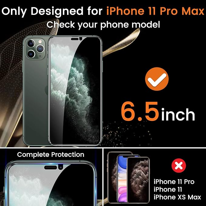 Lesakit 3+3 Pack Privacy Screen Protector for iPhone 11 Pro Max 6.5-Inch with 3 Pack Camera Lens Protector, Anti Spy Tempered Glass Film 9H Hardness Bubble Free Case Friendly - Image 2