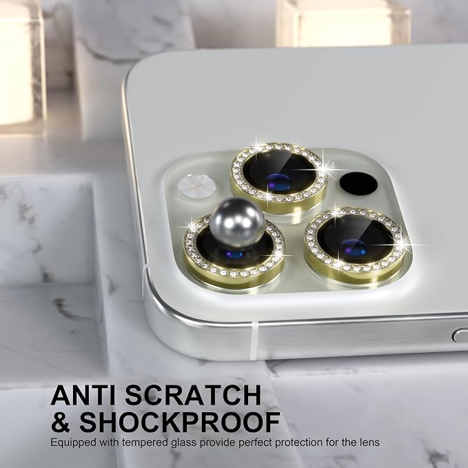 Choiche for iPhone 16 Pro/iPhone 16 Pro Max Camera Lens Protector | Ultra HD, Bling 9H Tempered Glass Camera Cover Screen Protector Metal Ring Decoration Accessories (Diamond-Gold) - Image 3