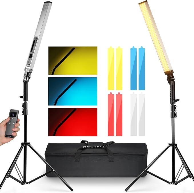 NEEWER Upgraded LED Video Light Stick & 2.4G Remote Kit, 2 Pack Handheld Dimmable 3200K~5600K CRI97+ Video Lighting with Stands/Filters/Bag for YouTube Video Recording Photography Gaming, BH20B Silver by Neewer