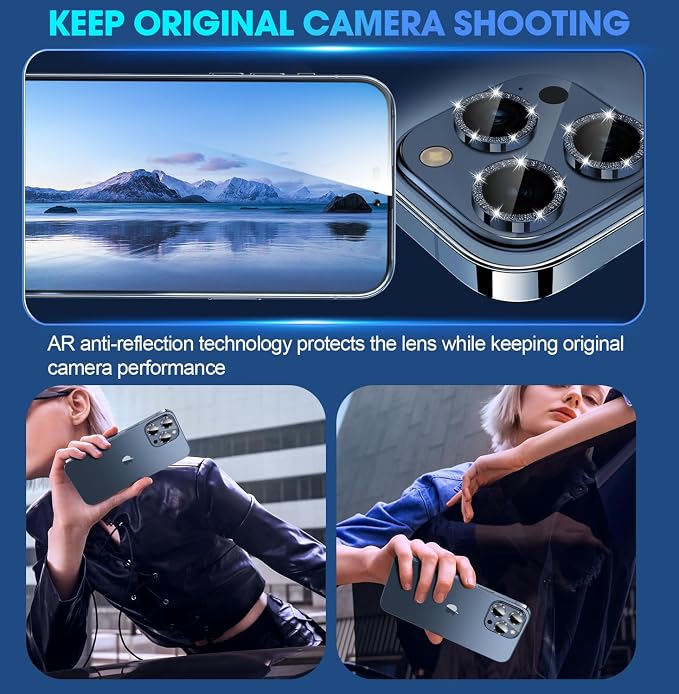 for iPhone 15 Pro/15 Pro Max Camera Lens Protector Glitter, Blue | Individual Metal, 9H Hardness, Scratch Resistant, Shockproof, Drop Protection, Case Friendly, Stylish Accessories - Image 4