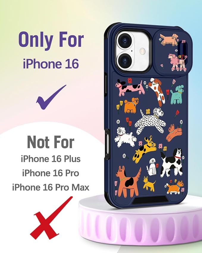 Buleens for iPhone 16 Case 6.1 Inch - with Ring Stand & Camera Cover Aesthetic Cute Designed for Women Girls Girly Cartoon Kawaii Dogs Unique Phone Case for iPhone 16 Compatible with Magsafe - Image 2