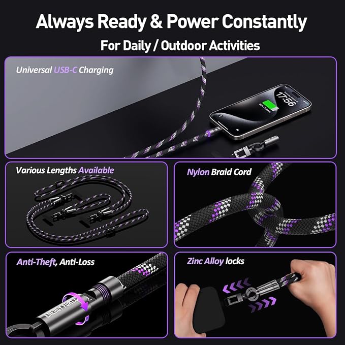 Hand Wrist Strap Lanyard Built in USB-C Fast Charging Cable Reflective Nylon Braid Anti Theft Phone Camera Strap Travel Photographers Rope for Phone DSLR DJI, Rotatable Metal Buckles (0.9FT) - Image 2