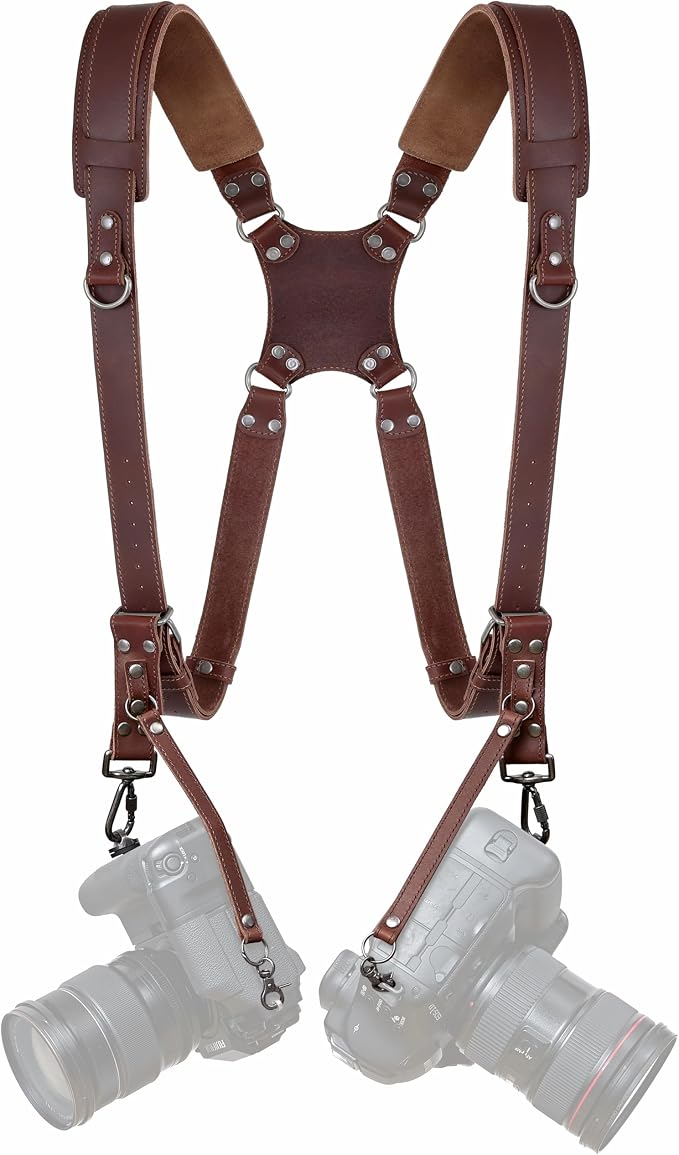 Padwa Lifestyle Dark Brown Dual Camera Harness for Two Cameras - Wide Strap with Thick Shoulder Padded,Full Grain Leather Double Harness,Multi Camera Gear for DSLR Strap for Photographers by PadwaLifestyleCameraStrap