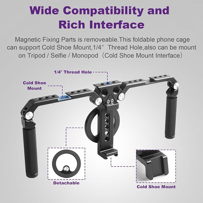 OPC01 Foldable Phone Cage Handheld Stabilizer,Foldable Magnetic Smartphone Cage with Handle and Magnetic Sticker for iPhone 17/16/15/14/13/12/11/10 Series and Andriod Phones for Photographer - Image 5