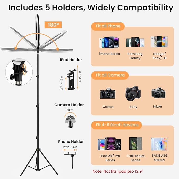 18" Foldable Ring Light with Stand for iPhone ipad, LED Display/2 USB Ports/4 Phone Tablet Holders, 2700-6500K Dimmable Ring Light for Tattoo Barber Makeup Studio Video Recording Photography - Image 7