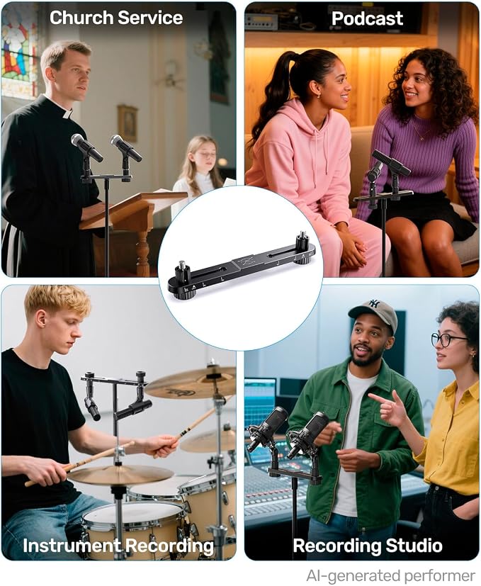 Stereo Mic Bar, Adjustable Dual Microphone Mount Bar,Universal Double Mic Holder for Stand,Precision Stereo Spacing Mic Bar for Podcast,Live Streaming,Studio Recording,Fit 3/8"&5/8" Threaded Mic Stand - Image 8