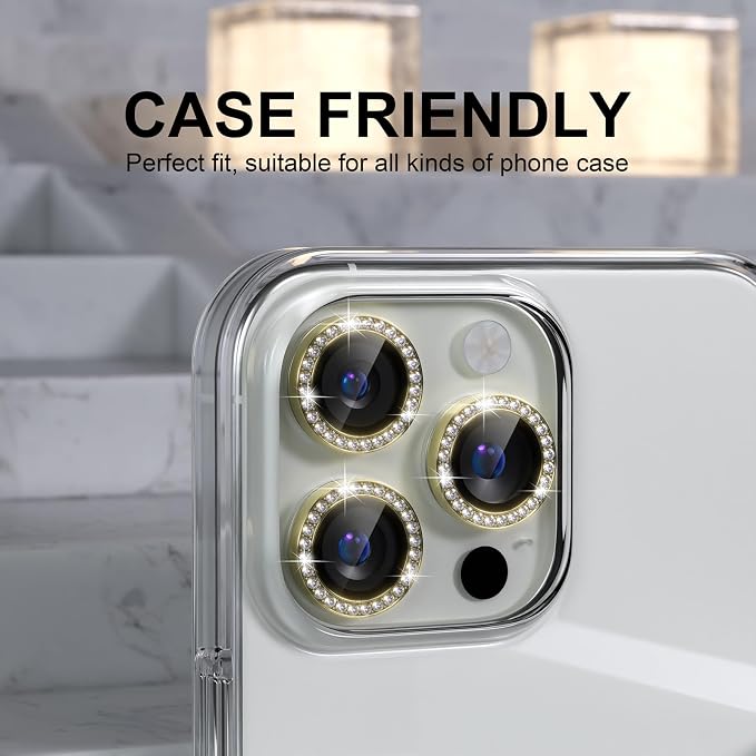 Choiche for iPhone 16 Pro/iPhone 16 Pro Max Camera Lens Protector | Ultra HD, Bling 9H Tempered Glass Camera Cover Screen Protector Metal Ring Decoration Accessories (Diamond-Gold) - Image 4