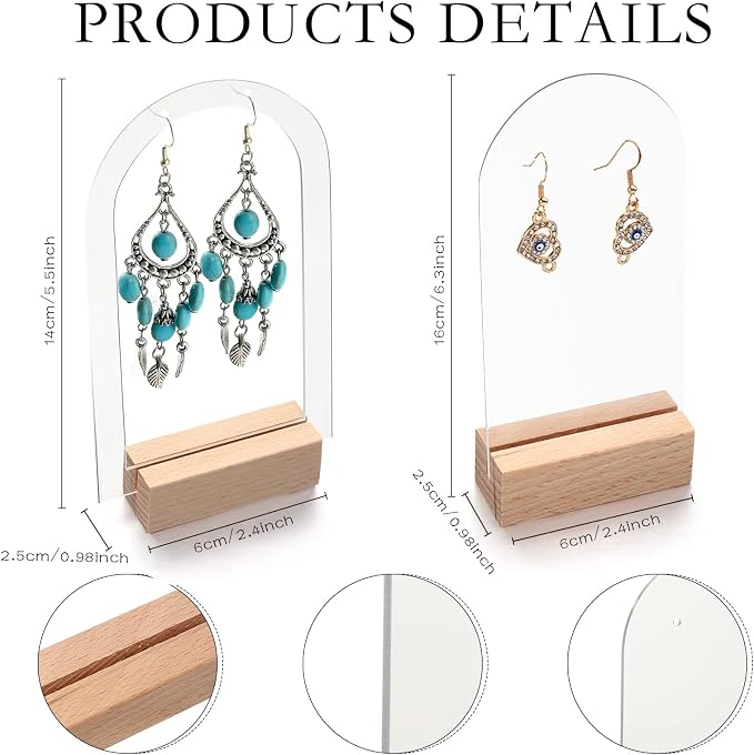 Yulejo Acrylic Earring Display Stand - Jewelry Retail Holder Arch with Wooden Bases for Studs & Dangle Earrings (24) - Image 2