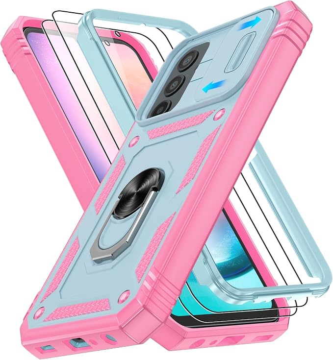 Fit for Samsung A24 Phone Case with 2PCS Screen Protector, Build in 360° Rotating Ring Kickstand, Military Grade Protective Case for Samsung A24 Case Phone, Green+Pink by Gritup