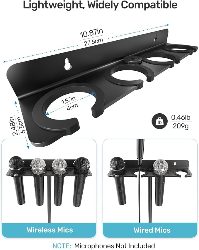 Multi Mic Holder with Mic Stand for 4 Handheld Mics, Weighted Desktop Base | With 5/8 & 3/8 Adapters, Holds Wired/Wireless Mics for Podium, Stage, Church, Home Studio, All Metal, Base with Rubber Pad - Image 4