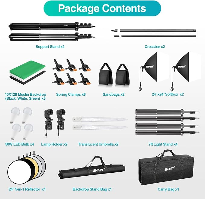 EMART Photography Lighting Kit with 8.5x10Ft Backdrop Stand,10x12 Backdrops | Softbox Lighting Kit with 5500K 50W LED, Reflector, Umbrellas&Soft Box, Photo Studio Equipment for Portrait Video Shoot Vlog - Image 8