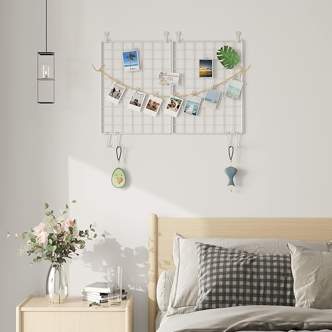 C&AHOME Photo Wall Display Set of 2, Wall Grid Panel, 15.7" x 11.8", White | Photo Display Shelves, Wall Storagae Organizer, Hooks, Clips, Hemp Cord, Hammer - Image 3
