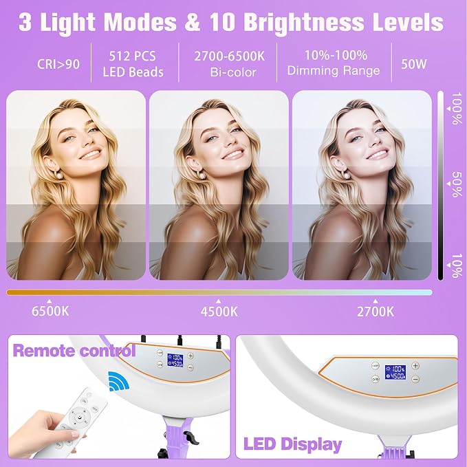 MACTREM Professional 22" Ring Light with Stand, Overhead Phone Mount | LCD Display, Phone Tablet Holders, 2 USB Ports, 75" Tripod for Barber Makeup Tattoo TikTok Video Recording Vlog - Image 3