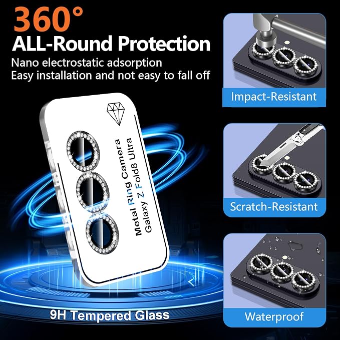 for Samsung Galaxy Z Fold 8 Ultra Camera Lens Protector, Individual Metal Ring Tempered Glass Lens Cover, [Strong Adsorption] Scratch Resistant Ultra-Thin HD Clear Lens Cover, 1 Set-Black Diamond - Image 2