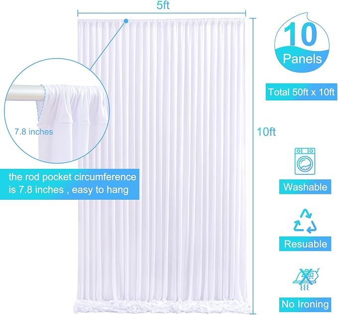 10 Panels White Backdrop Curtain for Parties Wedding Wrinkle Free White Photo Curtains Backdrops Drapes Fabric Decoration for Baby Shower Birthday Party 50ft(W) x 10ft(H) - Image 5