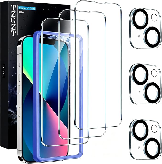 TZGZT 3 Pack Screen Protector for iPhone 13, Tempered Glass, Case Friendly | 9H+ Hardness, Military Grade Shatterproof, Anti-Scratch, HD, Easy Installation, Bubble Free, Include Camera Lens Protectors by Unknown