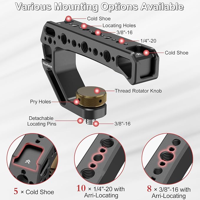 Top Handle with 3/8"-16 Locating Pins, Universal Camera Handgrip with 5 Cold Shoe Mount for Microphone, LED Light, Monitor, 1/4", 3/8" Threaded Holes with Locating Pins for ARRI Grip - Image 4