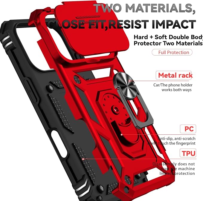SunStory Phone Case for iPhone 17 Pro Case with HD Screen Protector & Slide Camera Cover & Rotated Ring Kickstand, [Military-Grade] Phone Case for iPhone 17 Pro, Red - Image 8