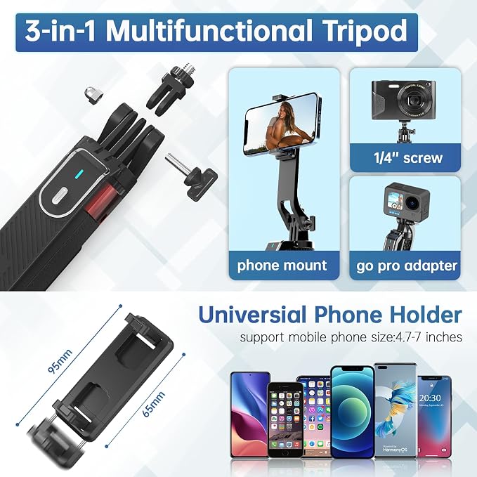ULANZI MA09 Phone Tripod, 71" Selfie Stick for Luna Gopro Pocket4 Action | Cell Phone Tripod Stand w rechargeable remote, Handheld Shooting, 360° Rotating, 1/4'' Screw for Selfie Video, iPhone Android - Image 2