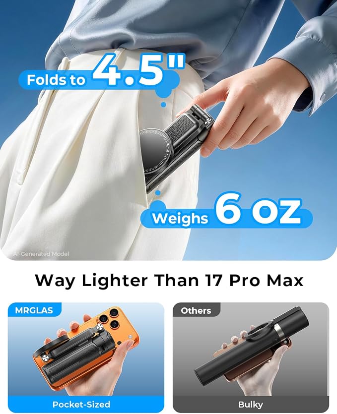 【Max 17"】 MRGLAS Magnetic Mini Tripod Selfie Stick for iPhone【4.5" Pocket】 | 【17" Max Extendable】4.5" Pocket Stand with Wireless Remote, Detachable Clamp, 360° Rotatable for MagSafe, 4-in-1 Mini Tripod - Image 2