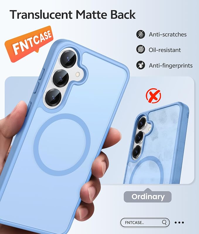 FNTCASE for Samsung Galaxy S25/S24 Case, Fit for Magsafe, Screen Protector | Translucent Matte Magnetic Back, 14FT Military Grade Drop Protection, Shockproof Protective Phone Cover, Light Blue - Image 6