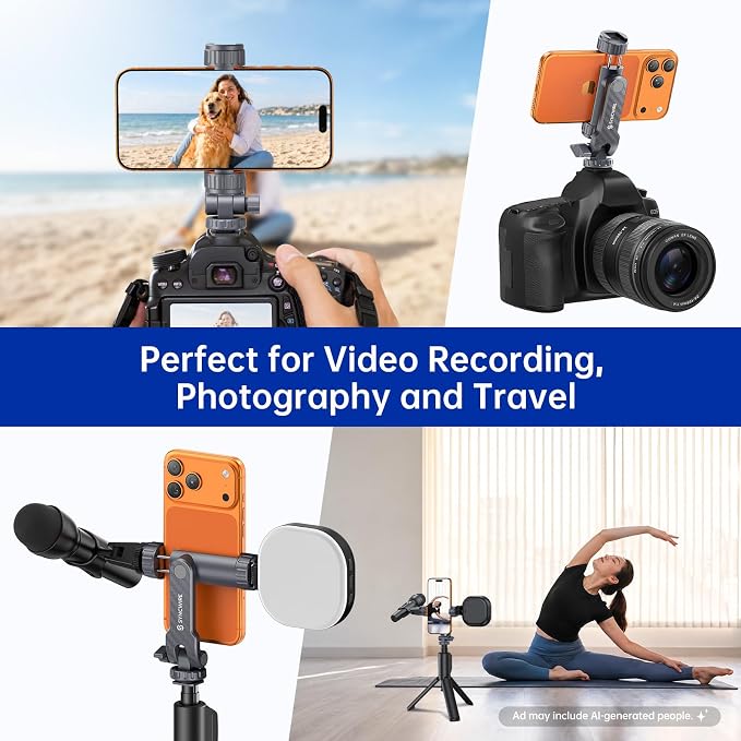 SYNCWIRE Tripod Phone Mount, Universal Smartphone Mount Adapter with 2 Cold Shoe and 1/4" Screw, 360° Rotates and 180° Tilts Adjustable Cell Phone Clamp Holder for Enhancing Mobile Photography Setup - Image 6