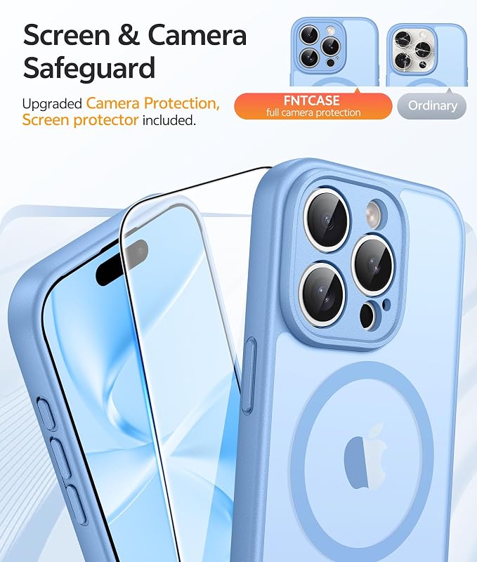 FNTCASE for iPhone 15 Pro Max Case, Fit for Magsafe, Glass Screen Protector | Full Camera Protection, Translucent Matte, 14FT Military Grade Drop Proof, Shockproof Protective Phone Cover, Light Blue - Image 4