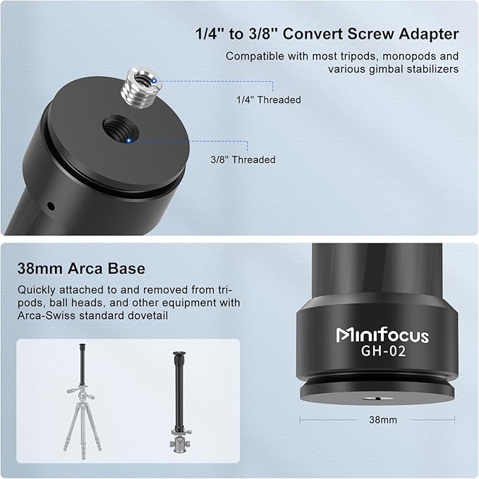 Tripod Extension Rod, Carbon Fiber Tripod Extension Pole with Arca Port, 2 Section Center Columns Monopod Extender Tube, 12.8"-23" Telescopic Stick Rod with 1/4" & 3/8" Screw for Tripod/Gimbal Mount - Image 2