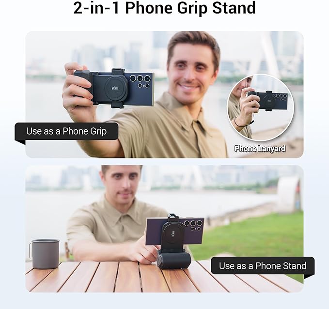 Phone Camera Grip with Remote Control for Smartphones Vlog Shooting | silicone anti-slip grip, detachable remote, dual cold shoe slots, 1/4" tripod thread, design for vlog video shooting - Image 3