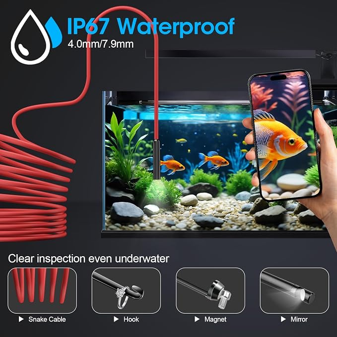 Endoscope with Light, 1920P HD Borescope with 8 Adjustable LED Lights, Semi-Rigid Snake Camera, IP67 Waterproof Inspection Tool (16.4ft, Red Harness + Single Lens) - Image 4