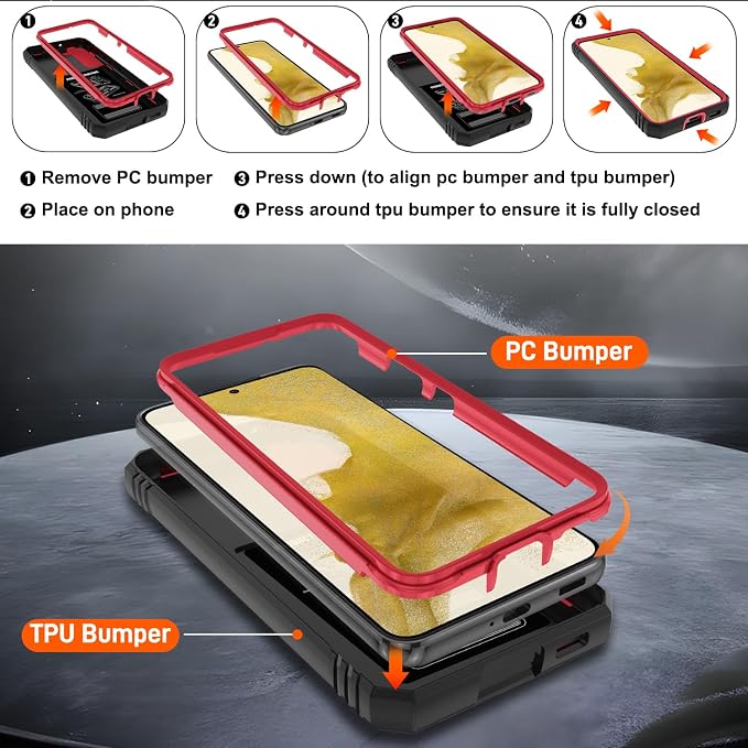 Gritup for Samsung Galaxy S22 Case with Slide Camera Cover & Screen Protector*2, 360 Rotating Ring Kickstand, Military Grade Protective Case for S22 Phone, Red+Black - Image 4