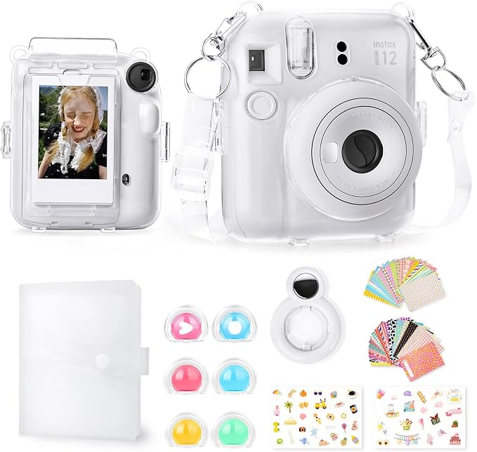 Rieibi Accessories for Fujifilm Instax 12, Gift Bundle Includes Clear Case with Strap, Mini Photo Album, Selfie Mirror, DIY Stickers, Color Filter (No Camera) - White by Rieibi