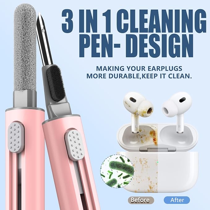 Inesore for AirPod Cleaning Kit, for Phone Earbuds Electronics (Pink) | Metal Tip, High-Density Soft Brush, Flocked Sponge Tip, 3 in 1 Design, Compact & Lightweight, Easy Operation, Easy to Carry - Image 2