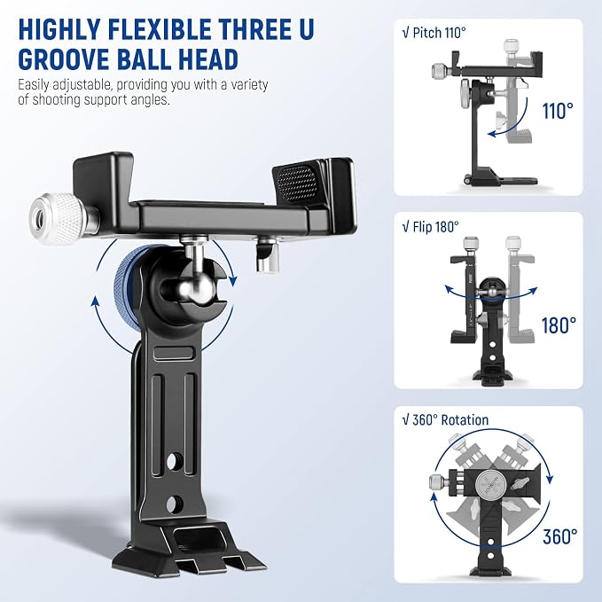 NEEWER Smartphone Tripod Mount Aluminum Alloy, 360° Rotatable Phone Stand | Cellphone Holder Clamp, Cold Shoe, Arca Base, Compatible with iPhone Samsung Galaxy Google Pixel & 2.6"-4" Wide Smartphones - Image 2