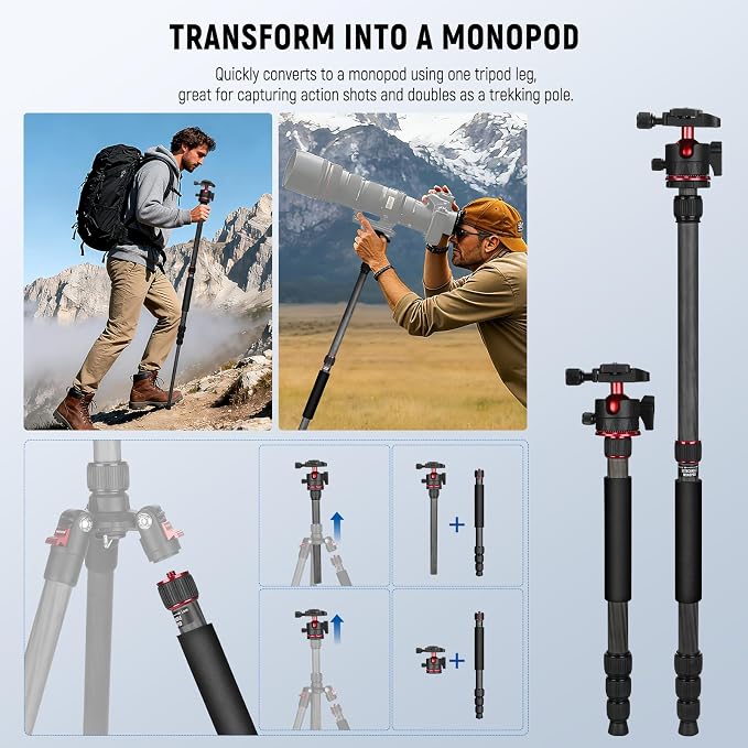 NEEWER Basics Carbon Fiber Travel Tripod Monopod, 64" Compact Lightweight Portable Camera Cell Phone Holder Stand Compatible with iPhone Video Recording, Arca Type Ball Head, Max Load 13.2 lbs, TP17B - Image 6
