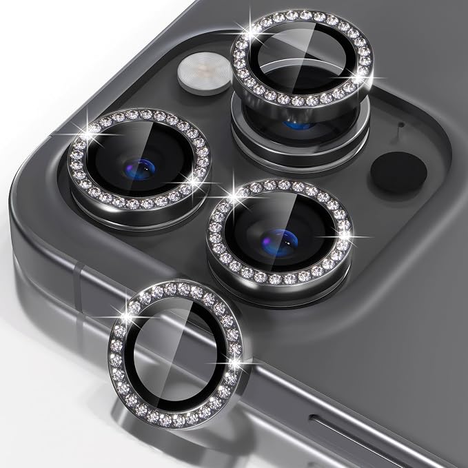 Misea Compatible for iPhone 16 Pro/iPhone 16 Pro Max Camera Lens Protector | 9H Tempered Glass Ultra HD Bling Camera Screen Protector Cover Metal Individual Ring Decoration Accessories, Black Diamond by Misea