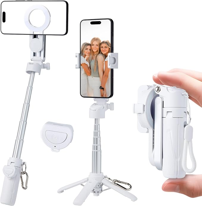 Magnetic Tripod for Phone,2 in 1 for Magsafe Stand＆ Clip Portable Pocket Size Selfie Stick for Android/iPhone,Phone Holder with Wireless Rechargeable Remote Control for Photography, Live Streaming by MQOUNY