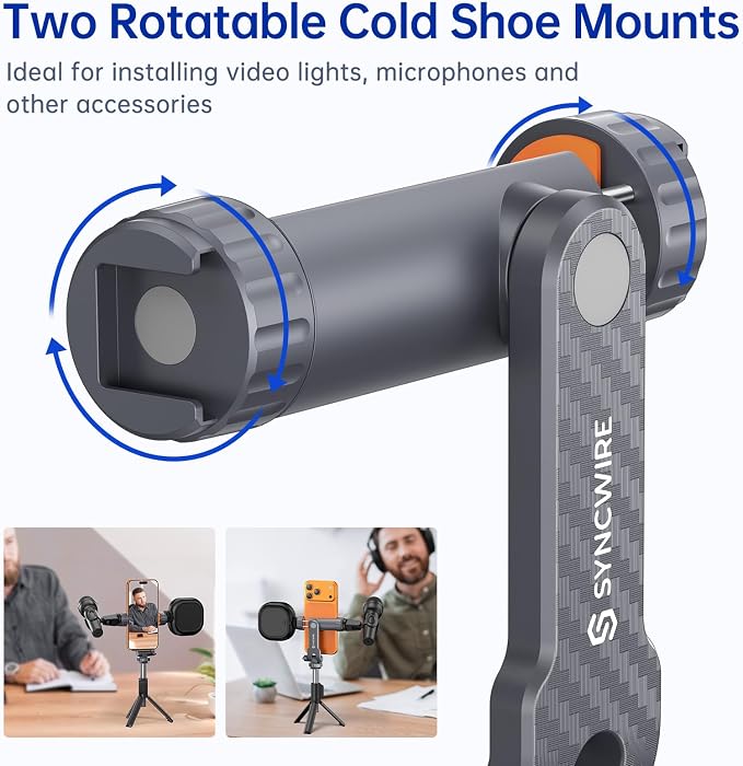 SYNCWIRE Tripod Phone Mount, Universal Smartphone Mount Adapter with 2 Cold Shoe and 1/4" Screw, 360° Rotates and 180° Tilts Adjustable Cell Phone Clamp Holder for Enhancing Mobile Photography Setup - Image 2