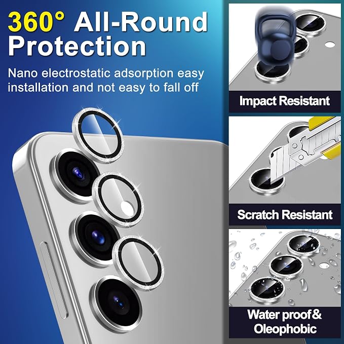 for Samsung Galaxy S25 Plus Camera Lens Protector, Individual Metal Ring Tempered Glass Lens Cover, [Strong Adsorption] Scratch Resistant Ultra-Thin HD Clear Lens Cover, 1 Set-Silvery Sparkly - Image 3