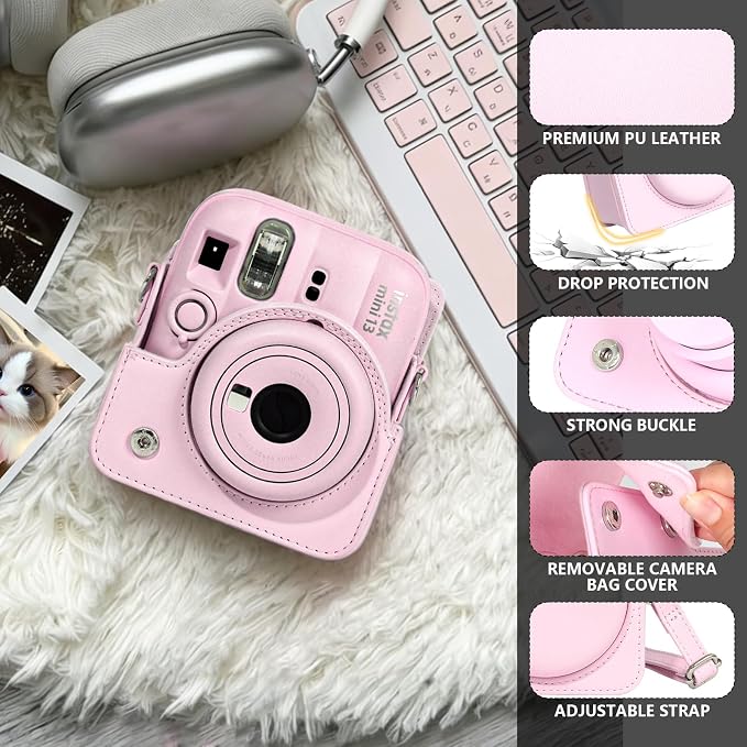 CAIYOULE Camera Case for Fujifilm Instax Mini 13 Instant Film Camera, Pink | Mini 13 Protective Camera Case, PU Leather Camera Crossbody Bag for Instax Mini 13, with Photo Album, Adjustable Strap - Image 2